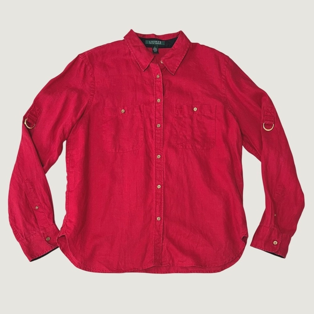 Lauren Ralph Lauren 100% Linen Button Down Shirt Red Roll Tab D-Ring Size Large